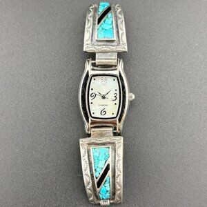 Avon Diamond Accent Ladies Watch MOP Vtg Native American Turquoise Silver Band